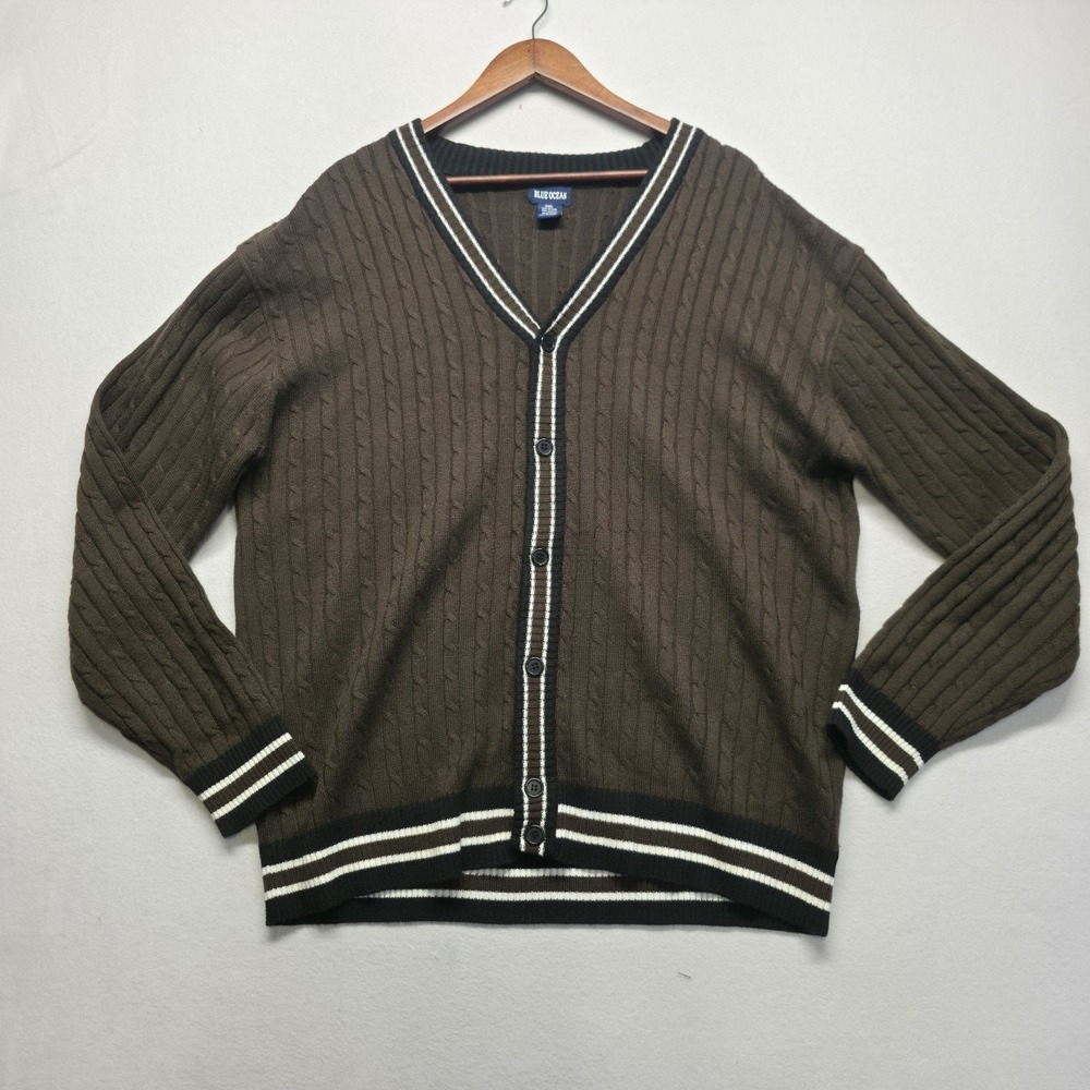 Blue Ocean Men's Brown Cable-Knit Cardigan V Neck Sweater Size 2XL